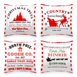 Farmhouse Christmas Pillow Covers: Cookie Co, Sleigh Rides, Pine Trees - Set of 4