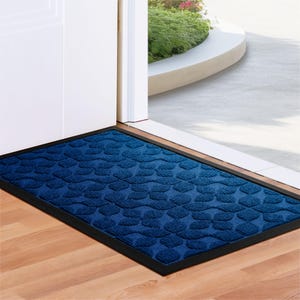 May include: A blue doormat with a black border and a leaf pattern. The doormat is placed in front of a door.