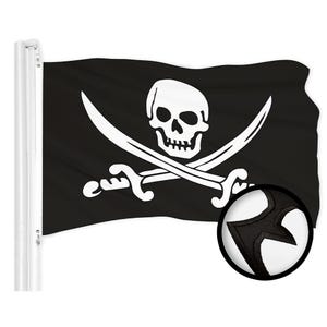 May include: A black pirate flag with a white skull and crossbones. The skull has two eye sockets and a large, toothy grin. The crossbones are formed by two scimitars.