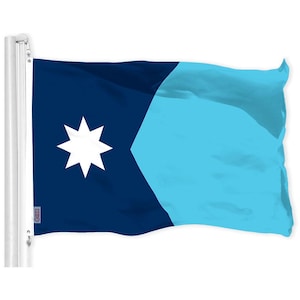 May include: A blue and light blue flag with a white eight-pointed star in the upper left corner.