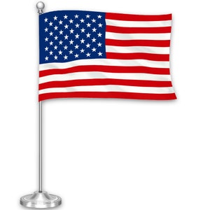 May include: A small American flag on a silver stand. The flag is red, white, and blue with 13 stripes and 50 stars.