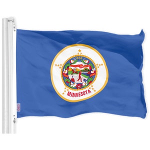 May include: A blue flag with a white circle containing a gold star and the words "L'ETOILE DU NORD" and "MINNESOTA". The circle is surrounded by 13 gold stars.