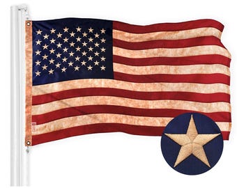 May include: A distressed American flag with a faded red, white, and blue color scheme. The flag is waving in the wind and has a single gold star on a navy blue circle.