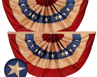 G128   2 Pack  USA Tea Stained Pleated Fan Flag 1.5x3FT Burlap Embroidered Polyester Stars and Stripes