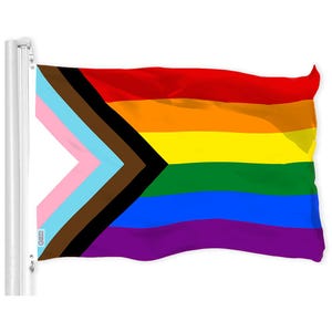 G128 LGBT Progress Rainbow Pride Flag | 3x5 Ft | LiteWeave Pro Series Printed 150D Polyester | Indoor/Outdoor, Vibrant Colors, Brass