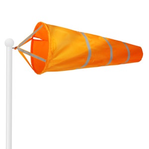 May include: Orange windsock with reflective stripes attached to a white pole. The windsock is made of fabric and is designed to indicate wind direction.