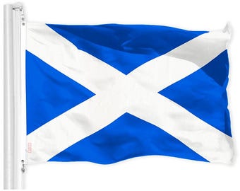 Pode incluir: Uma bandeira azul com uma cruz branca diagonal, representando a bandeira da Escócia.