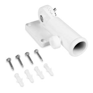 May include: White metal flagpole bracket with a swivel mount and a white plastic knob. The bracket comes with screws and anchors for installation.