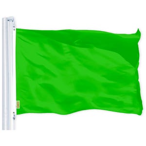 May include: A bright green flag waving in the wind. The flag is made of a smooth, silky fabric and is attached to a white pole.