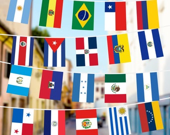 G128 Latin America 20 Countries Bunting Banner | Flag 12 x 18 Inch, Full String 30 Feet | Printed 150D Polyester, Decorations For Bar,
