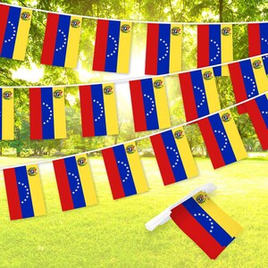 May include: A string of Venezuelan flags, each featuring a yellow, blue, and red color scheme with a star-shaped emblem. The flags are strung together with white string and are hanging against a backdrop of green trees and a bright blue sky.