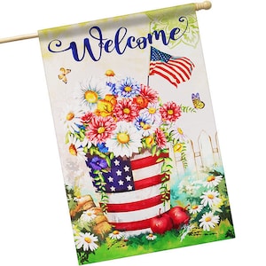 May include: A decorative garden flag with the word "Welcome" in blue script. The flag features a vase decorated with the American flag, overflowing with colorful flowers, an American flag, and butterflies. The flag is mounted on a wooden pole.