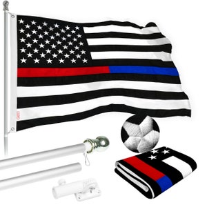 Thin Blue Line Flag & 5FT Tangle-Free Silver Flagpole: Embroidered Polyester