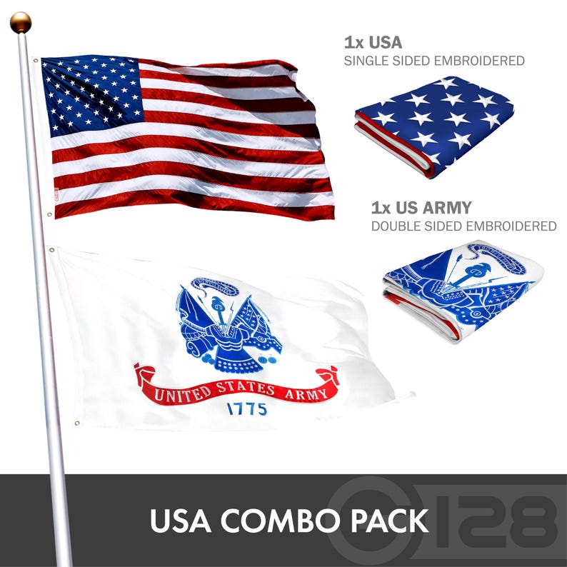 COMBO PACK American Flag Embroidered Polyester 3x5 Ft & US Army Flag