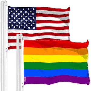 May include: Two flags are displayed on flagpoles. The top flag is the American flag, with red and white stripes and blue stars. The bottom flag is a rainbow pride flag with six stripes of red, orange, yellow, green, blue, and purple.
