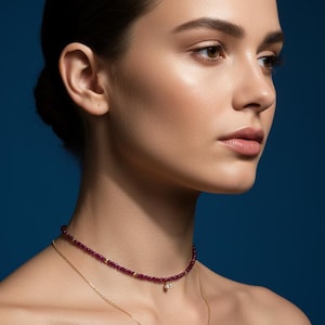 Delicate 14K Solid Gold & Ruby Beaded Layering Necklace with 0.1c Lab Diamond