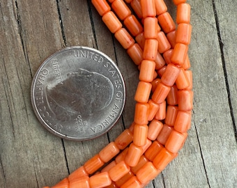 1+ strand 4 mm Coral orange tube beads; natural bamboo coral column beads, 4 mm coral gemstone beads, small orange beads