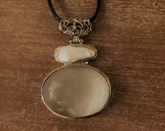 Beautiful Biwa Pearl Natual Stone/Silver Plated Pendant with Black Leather Necklace