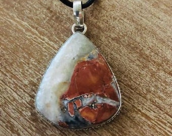 Maligano Jasper Natural Stone, Sterling Silver Plated Pendant with black leather necklace.
