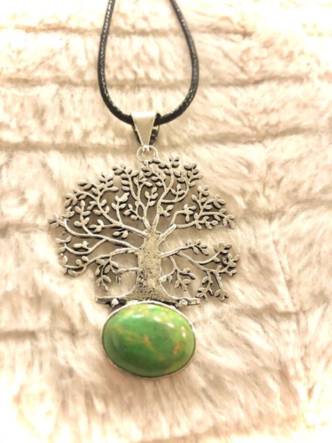 Green Turquoise Tree of Life Pendant W/ Black Leather Necklace - Etsy