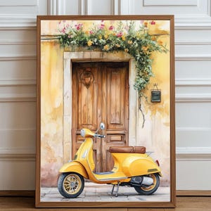 Yellow Vespa Scooter  - Italian Summer Digital Wall Art - Vintage Travel Poster - Printable Art