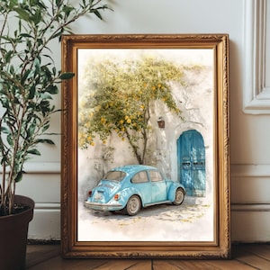 Watercolor Vintage Blue Beetle & Lemon Tree, Greece Wall Art Digital Download  Greek Island Coastal Home Decor