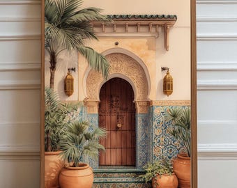 Moroccan Door Wall Art Print, Digital Download | Islamic Architecture Home Decor | Boho Oriental Arched Doorway Watercolor Poster