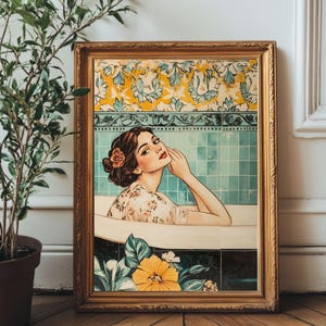 Retro Bathroom Wall Art | Vintage Woman in Bathtub | Digital Download | Floral Tile Artwork | Mid-Century Modern Printable Decor