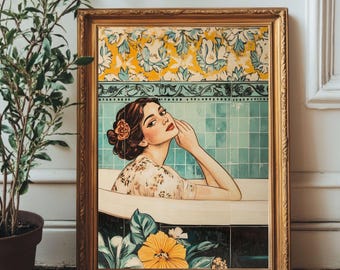Vintage Woman in Bathtub Print | Retro Bathroom Art (Digital Download)