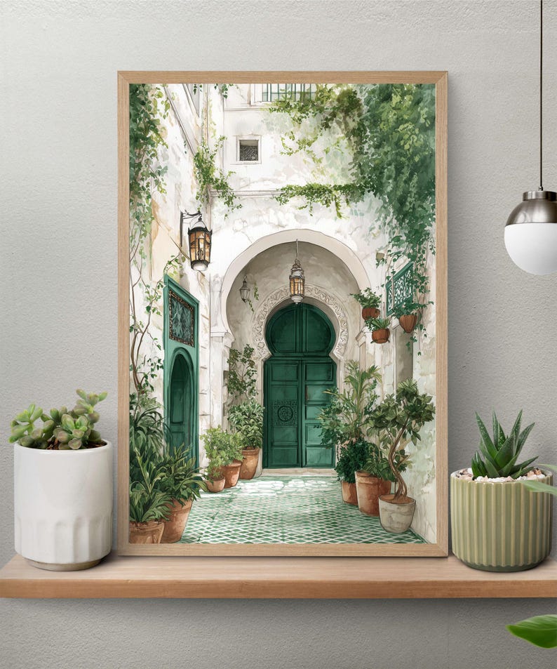 Moroccan Courtyard Watercolor Print | Green Door Wall Art ...