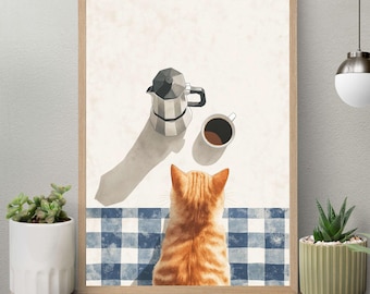 May include: A framed print featuring a ginger cat gazing at a coffee setup. The artwork includes a silver stovetop espresso maker, a cup of coffee, and a blue and white checkered tablecloth. The print is displayed on a wooden shelf.