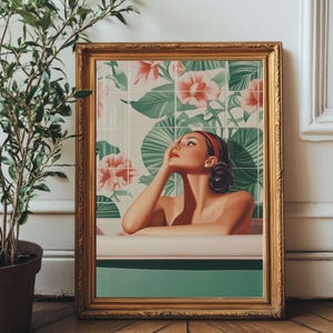 Retro Glam Bathroom Wall Art – Vintage Woman in Bathtub – Pin-Up Style Digital Download – Mid-Century Green Tiles, Emerald Printable Artwork