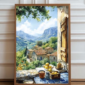 Mediterranean Kitchen View with Lemons – Rustic Italian Countryside Digital Wall Art Print, Sunny Farmhouse Landscape Painting for  Decor