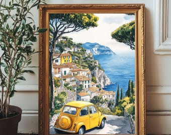 Vintage Fiat Watercolor Print – Amalfi Coast, Italy (Digital Download)