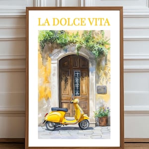 Italian Yellow Vespa Scooter  - Italian Door Summer Digital Wall Art - Vintage Travel Poster - Printable Art