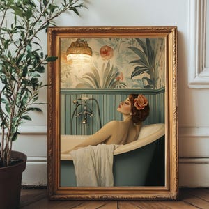 Romantic Glam Bathroom Wall Art – Vintage Woman in Bathtub –  Digital Download – Mid-Century Green Tiles, Emerald Printable Artwork