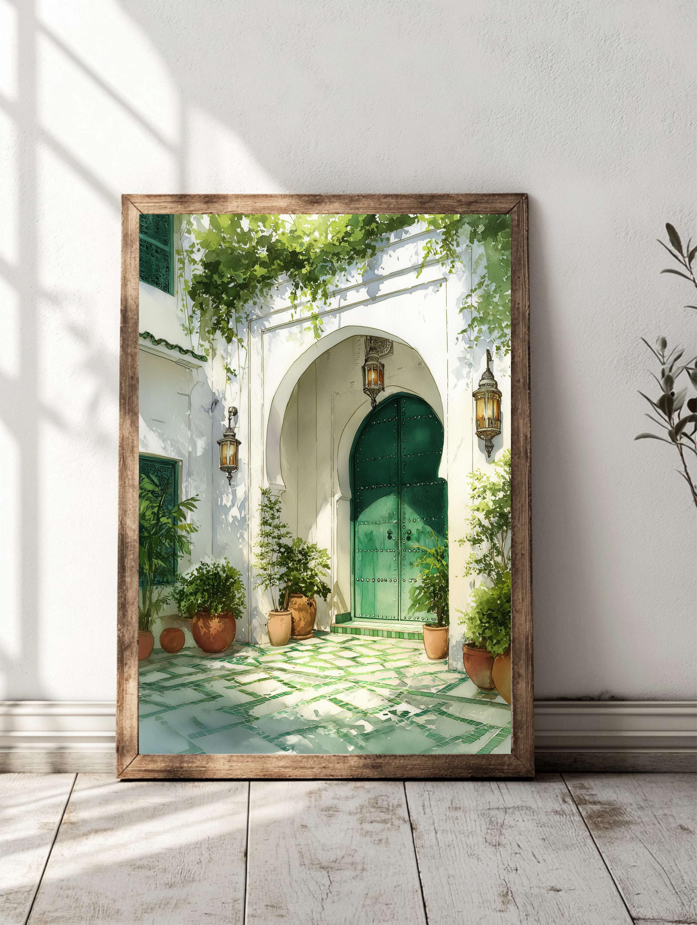 Moroccan Courtyard Watercolor Print | Green Door Wall Art ...