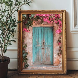 Rustic Greek Door Wall Art, Turquoise Door with Pink Bougainvillea, Mediterranean Digital Print, Vintage Stone House Decor
