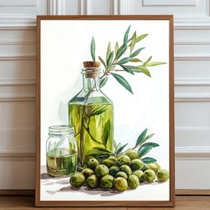 Rustic Mediterranean Olive Still Life - Watercolor Kitchen Wall Art, Olive Oil Bottle and Green Olives Illustration