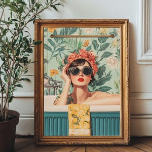 Retro Bathroom Wall Art Print - Digital File – Floral Bathtub Wallpaper, Vintage Pin-Up Aesthetic – Bold Feminine Home Decor