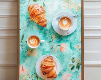 Decorazione murale per la colazione in un caffè parigino / Stampa con caffè e pancake / Decorazione per la cucina francese / Acquerello per l'angolo colazione / Poster accogliente per il caffè