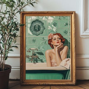 Retro Glam Bathroom Wall Art – Vintage Woman in Bathtub – Pin-Up Style Digital Download – Mid-Century Green Tiles, Emerald Printable Artwork