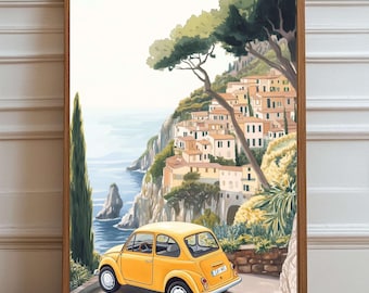 Vintage Yellow Fiat in Amalfi Coast Watercolor Print – Italian Coastal Road Digital Wall Art, Mediterranean Travel Poster, Retro Car Decor
