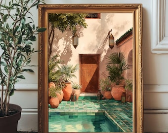 Marrakech Riad Wall Art Print, Moroccan Courtyard Decor, Boho Mediterranean Home Decor, Digital Download Poster