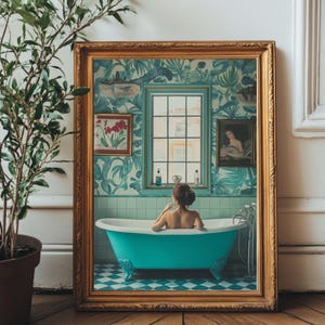 Retro Botanical Bathroom Wall Art | Elegant Woman in Clawfoot Bathtub | Vintage Glam Decor Print