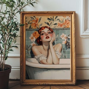 Retro Bathroom Wall Art | Eclectic Elegant Woman in Vintage Bathtub |Floral Botanical Bathroom Decor | Printable Art | Glam Chic Print