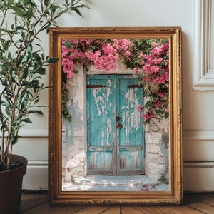 Rustic Greek Door Wall Art, Turquoise Door with Pink Bougainvillea, Mediterranean Digital Print, Vintage Stone House Decor