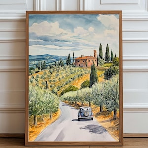 Toscana Road Trip, akvarelltryck med veteranbil (digital nedladdning)