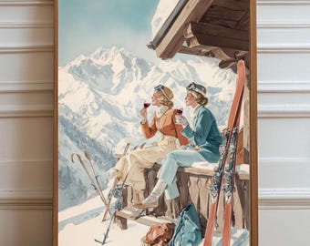 Vintage Apres Ski Watercolor Art Print, Chic Winter Fashion (Digital Download)