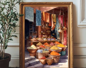 May include: A framed watercolor painting depicts a spice market with various colorful spices in wooden bowls. Hanging textiles in blue, orange, and red add to the scene. The painting is in a gold frame, set on a wooden floor.